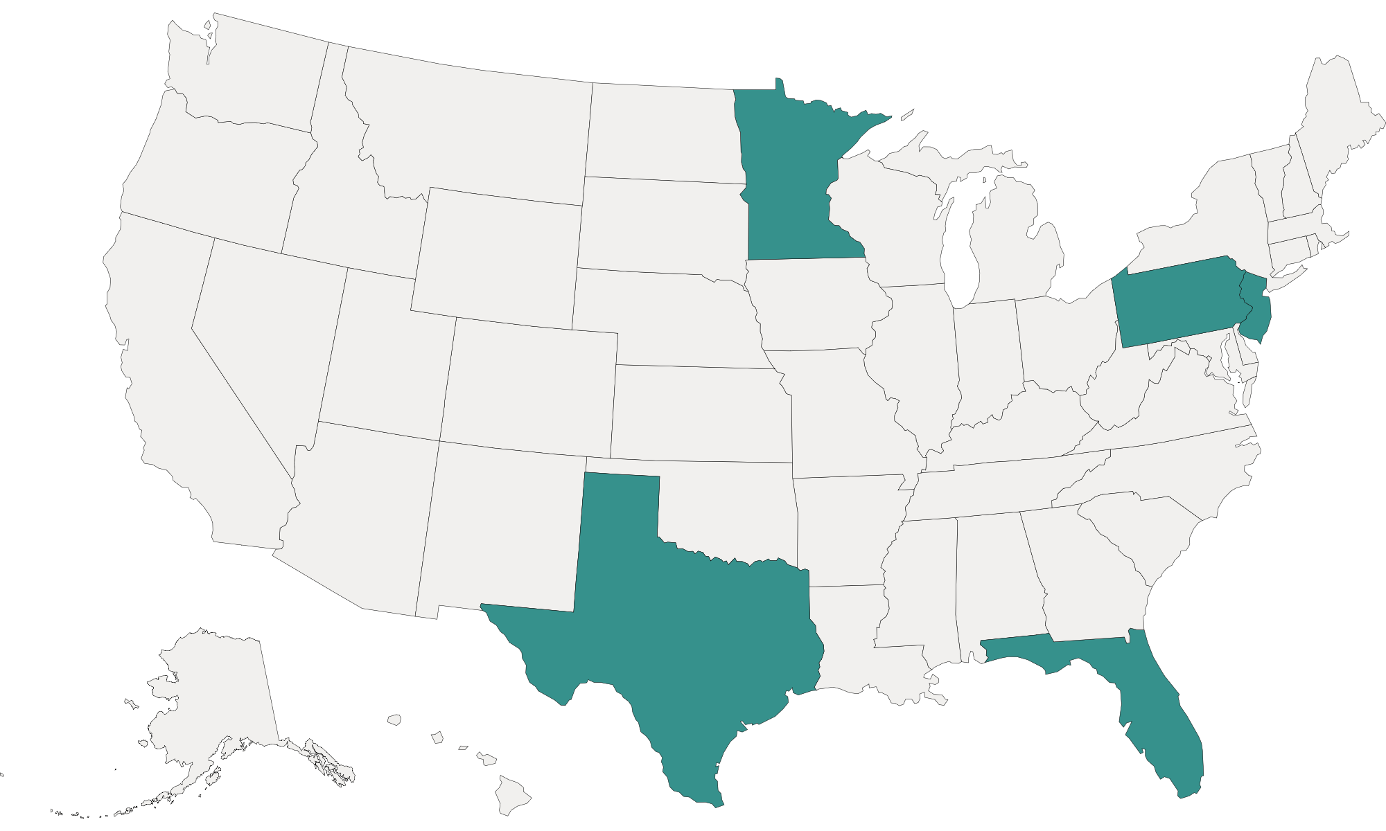 US Map showing service areas in PA, NJ, TX, FL, and MN